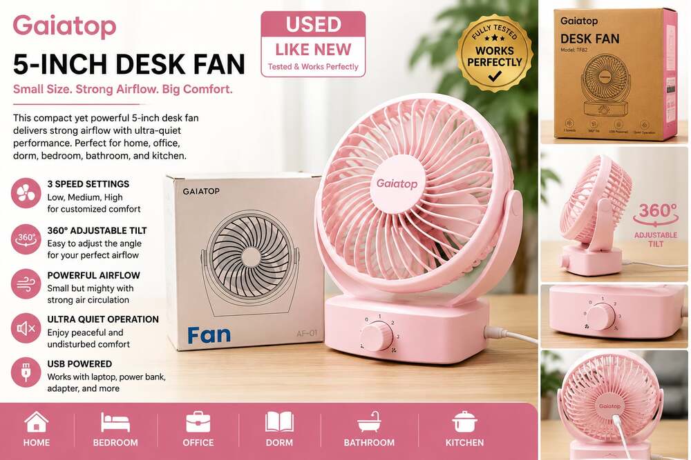 Portable Clip on Fan - USB Desk Fan, 3 Speed Rechargeable Mini Table Fan - Pink